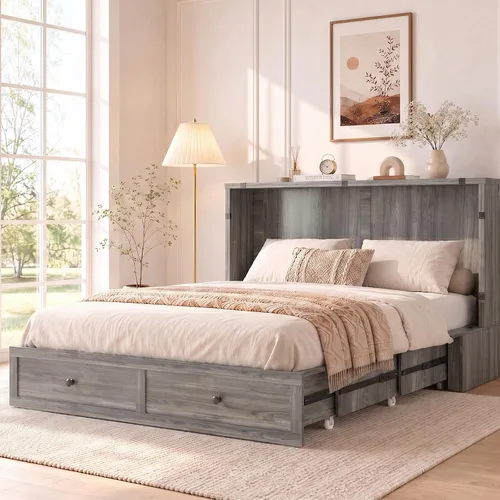 Vista 2 de Mjkone Murphy - Cama de armario con colchón plegable de tres pliegues, tamaño matrimonial, color gris