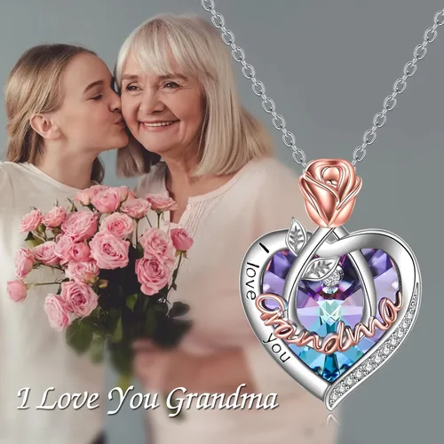 Vista 2 de POPKIMI - Joyería de plata esterlina 925 para mujer, collar con pendiente de flor y corazón de cristal, para cumpleaños, regalos para mamá, abuela