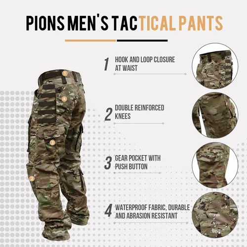 Vista 3 de PIONS Pantalones tácticos impermeables para hombre, pantalones de senderismo multifuncionales, rodillera duradera con múltiples bolsillos