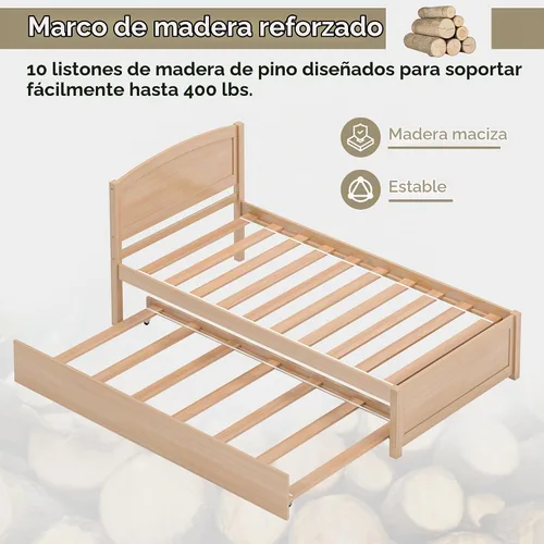 Vista 5 de Cama nido individual, marco de cama extraíble de madera maciza, cama de día extensible con cabecera y soporte de listones de madera sólida Natural