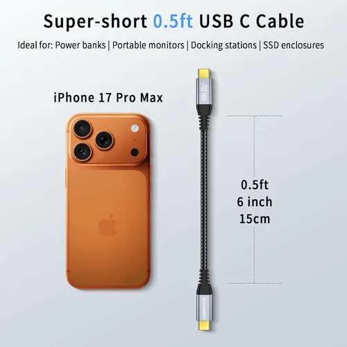 Vista 5 de ZeroneTeck Cable USB C de 40Gbps para Thunderbolt 4 de 0.5 pies, 6 pulgadas, transferencia de datos de 40Gbps, [8K@60Hz/Dual 4K@60Hz] Cable corto