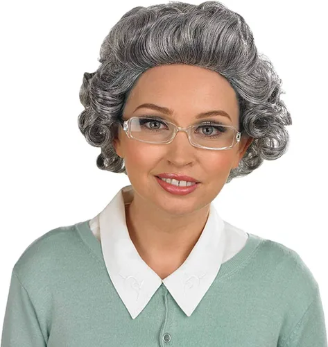 Vista 2 de Fun Shack Peluca de anciana para mujer, peluca corta gris, peluca gris para abuela, peluca de anciana, peluca blanca, peluca de pelo de anciana