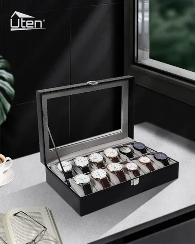 Vista 2 de Uten Caja de reloj, caja de reloj de cuero con 12 ranuras, organizador de caja de reloj, almacenamiento de joyas con tapa de vidrio grande, estuche