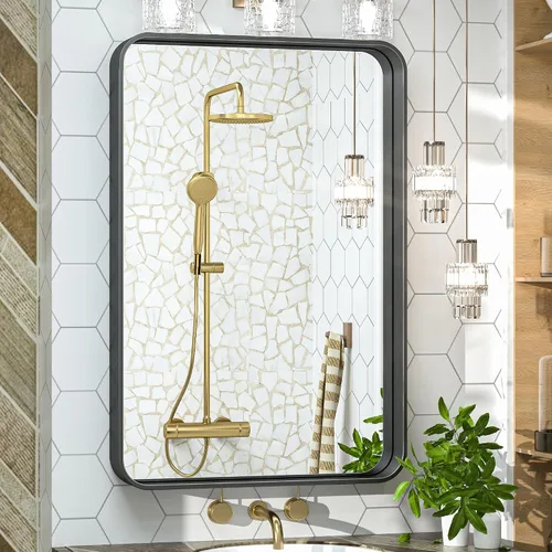 Vista 94 de TokeShimi Espejo de pared de baño de níquel cepillado de 20 x 30 pulgadas, marco de metal, esquina redonda, rectangular, para decoración del hogar