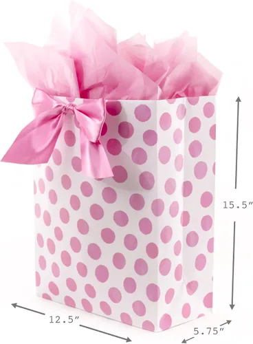 Vista 3 de Hallmark Bolsa de regalo extra grande de 15 pulgadas con papel de seda (lunares rosas y lazo) para cumpleaños, Pascua, baby showers, despedidas