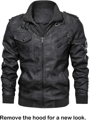 Vista 5 de Hood Crew - Chaqueta bomber para hombre, casual, con cuello alto, cazadora de moto, de piel sintética de poliuretano, con cremallera y capucha