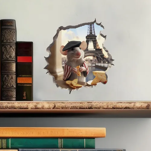 Vista 2 de Calcomanía de pared 3D con agujero de ratón de la torre Eiffel francesa