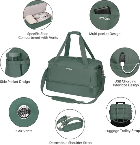 Vista 5 de Bolsa de viaje para mujer y hombre, N-Dark Green, Bolsa de gimnasio con puerto de carga USB
