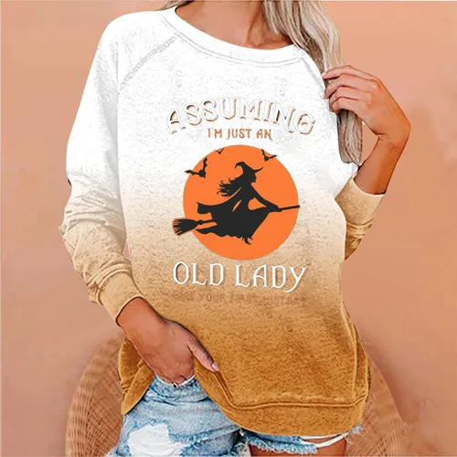 Vista 2 de Tuianres Halloween Shirts for Women Long Sleeve Halloween 2023 Gradient Witch T-Shirt Round Neck Pullover Loose Tee Tops