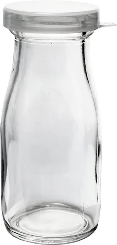 Vista 2 de Botella de leche de media pinta de vidrio pesado a la antigua, jarra de crema con tapa (1 paquete)