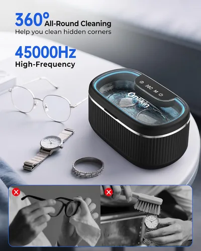 Vista 4 de Limpiador ultrasónico de joyas de 35W, limpiador de retenedor de 45KHz para joyas, 5 temporizadores y 3 modos de potencia, para anteojos, anillos