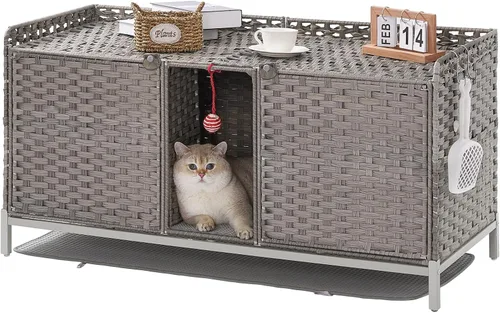 Vista 8 de SETVSON Caja de Arena para Gatos para 2 Gatos, Mueble Oculto de Caja de Arena con Alfombra, Casa Grande de Ratán para Gatos con Habitación Doble