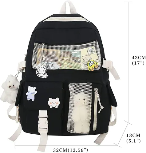 Vista 2 de Mochila kawaii con bonito pin y accesorios, linda mochila kawaii para mochila escolar, mochila kawaii para niña, Negro