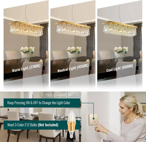 Vista 6 de Siljoy Candelabro de Cristal Moderno de 6 Luces Rectangular Dorado K9 Candelabro de Cristal en Forma de Gota de Lluvia para Comedor, Lámpara