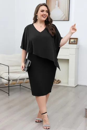Vista 9 de KIMCURVY Vestido de capa de talla grande para mujer, vestido de tubo con superposición de gasa, vestido midi para boda, cóctel, fiesta