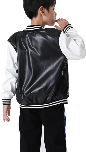 Vista 3 de Chamarras de cuero de béisbol para niños y niñas, chaqueta universitaria para motocicleta, chaqueta de piel sintética, abrigos de 2 a 14 años