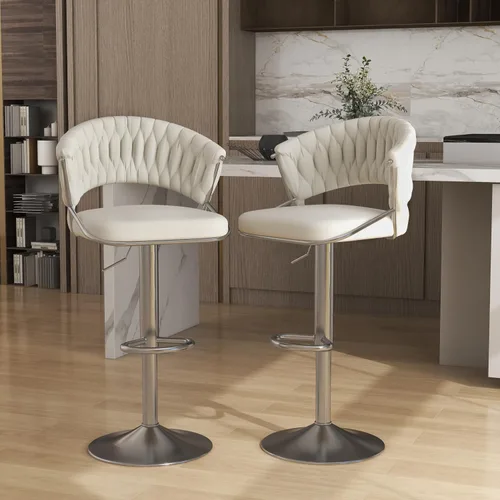 Vista 21 de Juego de 2 taburetes de bar giratorios de 360° con respaldo alto, silla de bar de terciopelo ajustable moderna de altura de mostrador, taburete