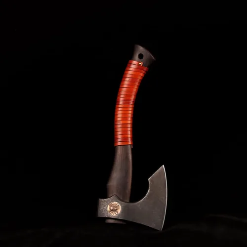 Vista 6 de Hacha vikinga de acero forjado a mano DC53 con vaina mango de madera de ébano Camping Hacha de lanzamiento Hacha de división Hacha