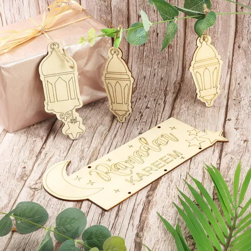 Vista 3 de Boao Placa colgante de madera de Ramadán, 2 piezas, farol, ornamento de pared, decoración del hogar para Eid Ramadán, 2 piezas