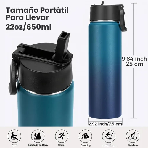 Vista 2 de Neihepal Botellas de agua aisladas de 22 onzas con tapa con popote a prueba de fugas, botella de agua de acero inoxidable de doble pared de boca