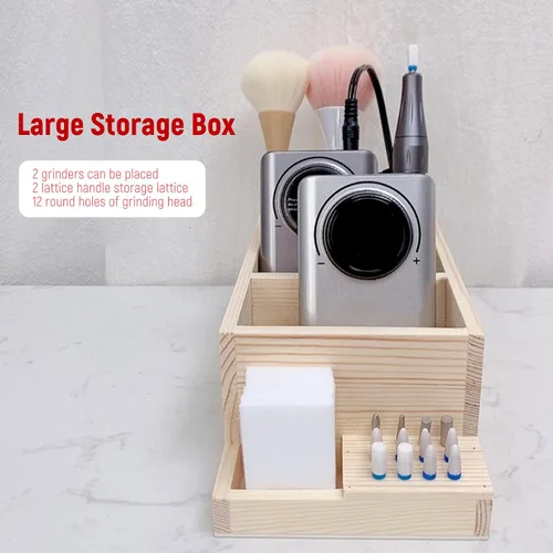 Vista 5 de Esquirla Brocas de madera para taladro de uñas, soporte de madera para práctica de uñas en el hogar, contenedor de caja de exhibición de bricolaje
