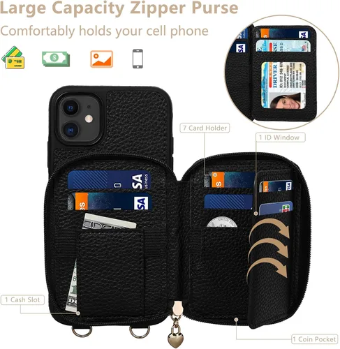 Vista 3 de Funda para iPhone 11 de 6.1 pulgadas, cartera cruzada con cremallera y ranuras para tarjetas de bloqueo RFID, soporte de soporte, cordón desmontable