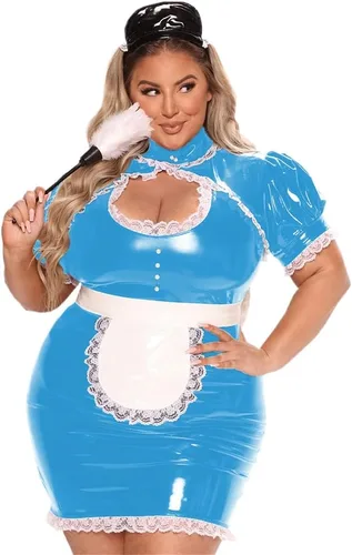Vista 2 de Vestido de cosplay de talla grande, sexy, de manga corta, abombada, de PVC, delantal de encaje, vestidos de sirvienta de Lolita, vestidos delgados