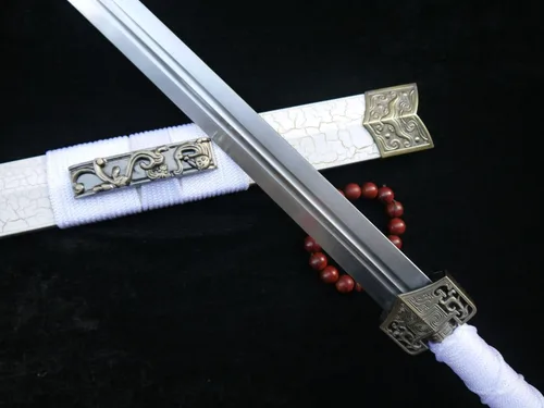 Vista 3 de Espada china, Han jian (hoja de acero al carbono medio, vaina blanca, aleación) longitud 39 pulgadas