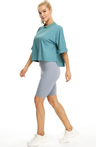 Vista 3 de icyzone Camisetas atléticas de entrenamiento de manga corta con cuello redondo para mujer