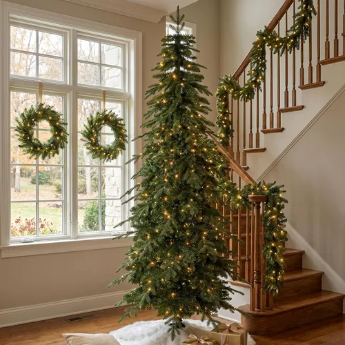 Vista 15 de Glitzhome Árbol de Navidad Artificial de 7.5 pies, Árbol de Navidad Tipo Lápiz Preiluminado con Efecto Nevado Chicago Frostwood Spruce con 350 Luces