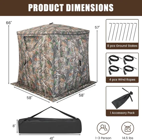 Vista 7 de GYMAX Persiana de caza, para 3 personas, con diseño de ciervo de camuflaje con deslizamiento silencioso, ventanas, bolsa de transporte, persiana