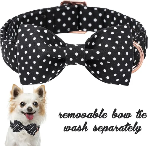 Vista 2 de Unique style paws - Collar de algodón con lazo para cachorros con punto redondo negro y blanco para perros pequeños, medianos y grandes Punto Negro