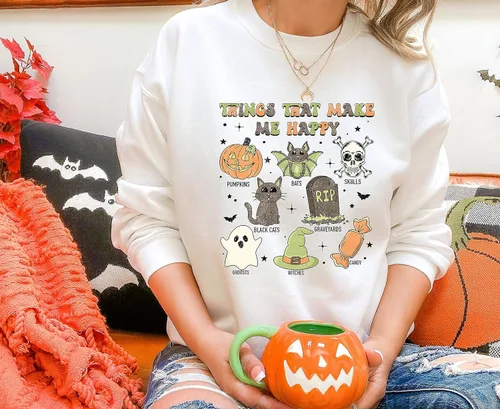 Vista 2 de Halloween Hoodies, Retro Things That Make Me Happy Halloween Sweatshirt, Cute Halloween, Graphic Tee, Cute Spooky, Skull Sweater, Graveyard