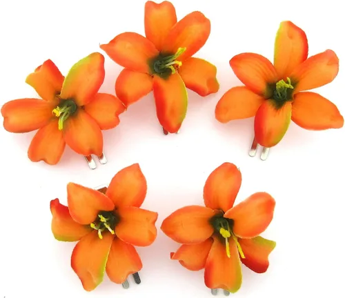 Vista 2 de Pinzas para el cabello de flores de seda con lirio naranja tropical de 2 pulgadas, 5 piezas, Naranja (Tropical Orange)