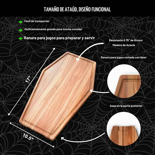 Vista 2 de Tabla de charcutería grande con forma de ataúd - Tabla de cortar de madera de acacia gótica con forma de ataúd 17x10.5 pulgadas, bandeja de servir