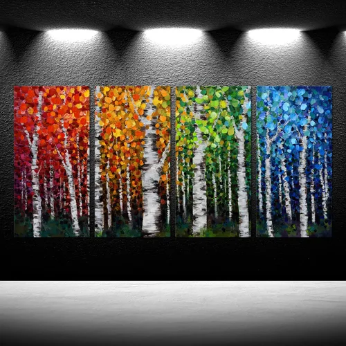 Vista 2 de iKNOW FOTO 4 piezas de lienzo grande de 4 estaciones, arte de pared de abedul con ramas modernas, pintura al óleo, hojas de otoño, paisaje