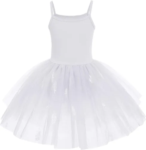 Vista 2 de AFAVOM Vestido de ballet con lentejuelas y flecos para niñas pequeñas, vestido de ballet con purpurina y plumas, tutú con falda, leotardo
