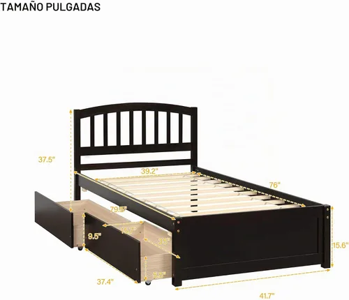 Vista 2 de Base de cama individual de madera maciza con cabecero y cajones, color espresso Espresso+cajones