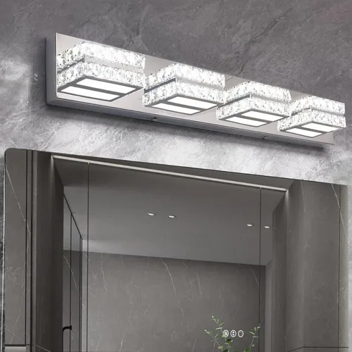 Vista 14 de OKELI Lámpara de tocador de cristal para baño, moderna lámpara LED de tocador para baño, lámpara frontal de espejo de cristal de 3 luces, 6000 K