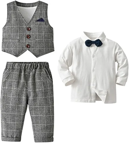 Vista 14 de IDOPIP Trajes de otoño e invierno para niños pequeños, camisa de manga larga con corbatín + chaleco + pantalones largos, overoles
