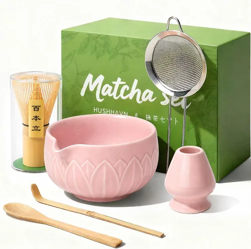 Vista 12 de Juego de batidor Matcha con cuenco de cerámica y cazador de bambú hoja azul