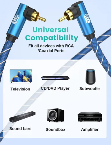 Vista 6 de EMK Cable de subwoofer de 90 grados a 90 grados, cable RCA macho a macho, cable de audio coaxial digital para subwoofer, TV, barras de sonido