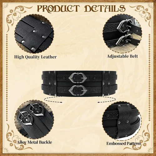 Vista 3 de Cinturón ancho vikingo medieval de piel sintética, cinturón de corsé de caballero para LARP regalos de Navidad disfraz