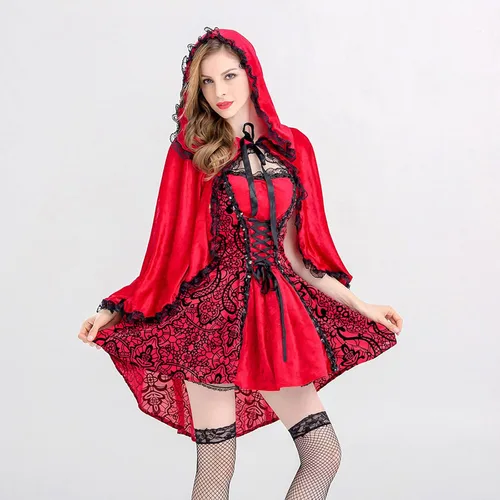 Vista 4 de Disfraz de caperucita roja para mujer, vestido gótico de encaje sexy con cordones y estampado floral con capucha