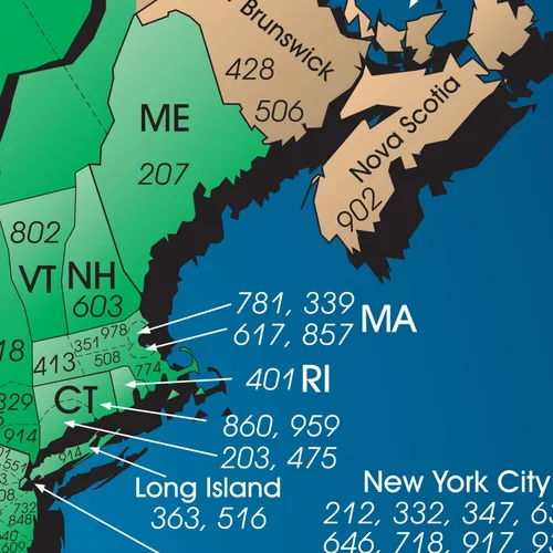 Vista 5 de Mapa de códigos de área de zona horaria de Norteamérica, laminado brillante a todo color, incluye búsqueda inversa