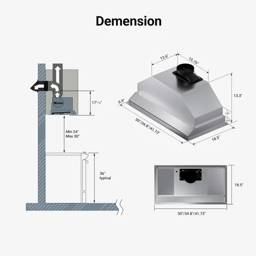 Vista 5 de IKTCH Campana extractora integrada de 30 pulgadas, 900 CFM, conducto convertible sin conductos, campana de ventilación de cocina de acero inoxidable