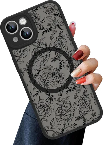Vista 75 de OOK Funda magnética para iPhone 13 Pro Max [compatible con MagSafe] Funda delgada translúcida mate con flor silvestre negra, protección para lente
