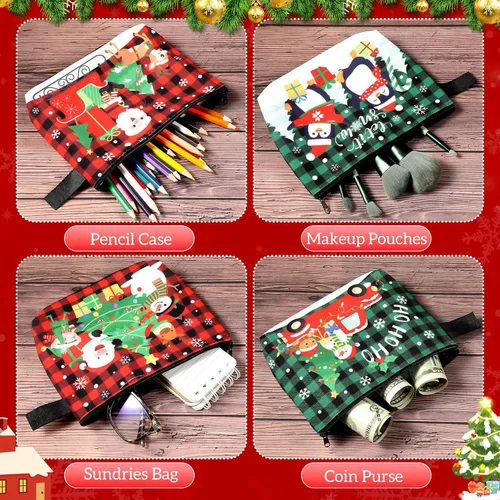 Vista 3 de Zonon Juego de 6 bolsas de maquillaje de lona de Navidad, pequeñas bolsas de cosméticos con cremallera portátil, bonita bolsa de estilo cuadros
