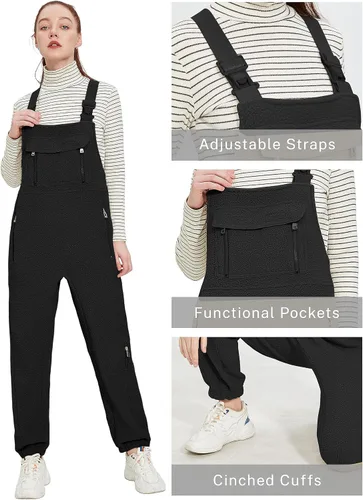 Vista 6 de Overol de forro polar cálido para mujer, overol de invierno mullido, con correa ajustable, sin mangas, pantalones esponjosos con bolsillos