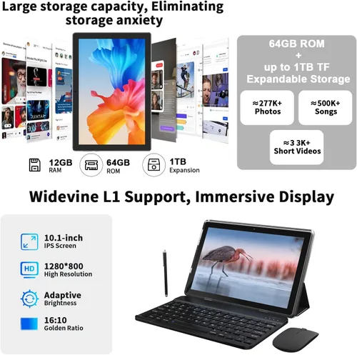 Vista 4 de Tablet Android 15 de 10 pulgadas, 12 (3+9) GB RAM+64GB ROM, tabletas 2 en 1 con funda de teclado y mouse Stylus, procesador de cinco núcleos de 1.8